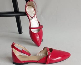 Leather Sandals Red Mary Jane  And Barefoot T Strap Mary Jane Red Ankl Strap Flat Shoe Comfortable Shoe Closed Toe Sandal Heel