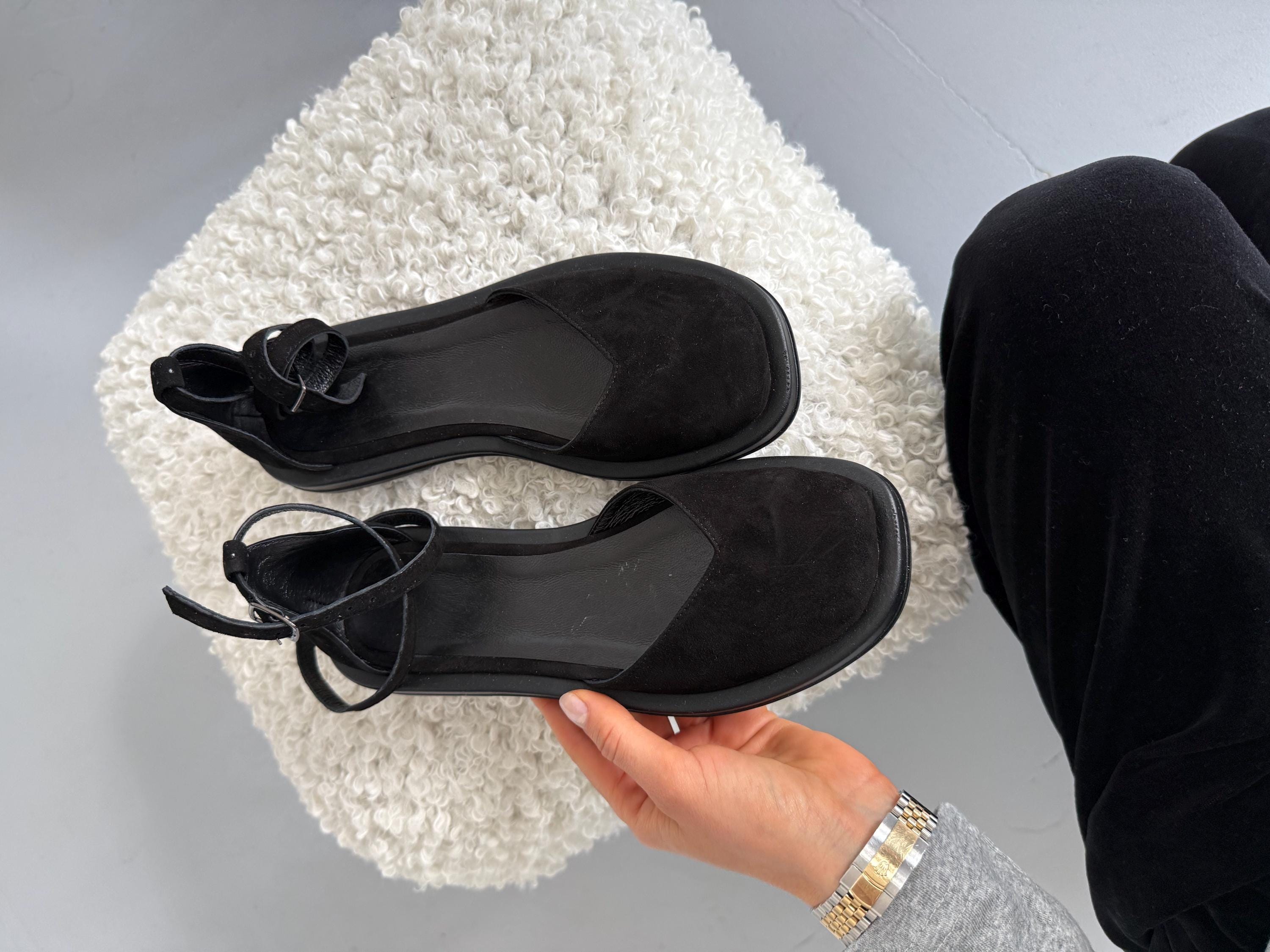 Handmade Black Leather Mary Jane Flats: Minimalist Ankle Strap Shoes - Etsy
