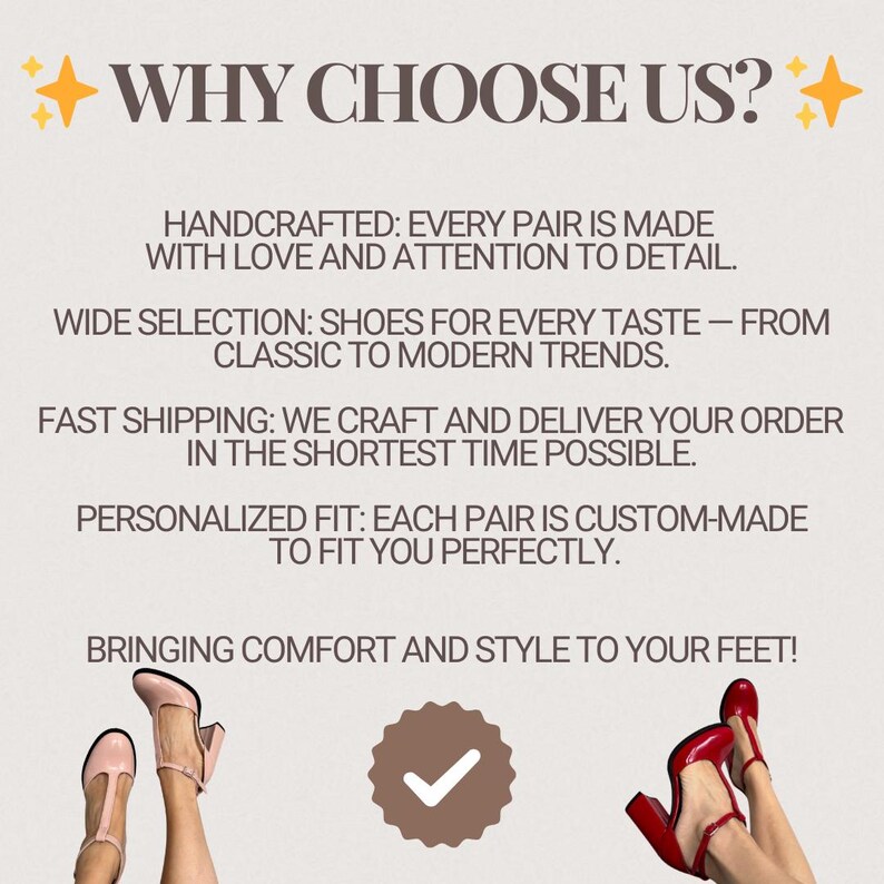 May include: A graphic featuring the text WHY CHOOSE US? with bullet points detailing handcrafted shoes, wide selection, fast shipping, and personalized fit. Two pairs of shoes are shown: light pink T-strap heels and red block-heel pumps.