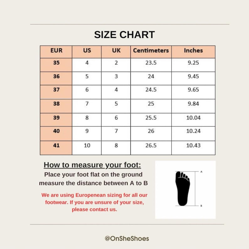 May include: Size chart for footwear, showing EUR, US, UK, centimeters, and inches. Includes a foot diagram and instructions on how to measure your foot. The chart ranges from EUR size 35 (9.25 inches) to 41 (10.43 inches).