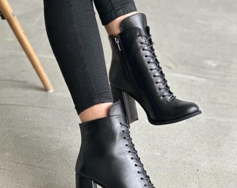 Black Leather Lace Up Ankle Boots, Women’s High Heel Booties, Handmade Genuine Leather