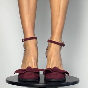 Berry High Heel Bow Detail Shoes,Suede Leather Handmade Women’s Dress Pumps, Elegant Romantic Style Stiletto Pointed Toe Evening Party Shoes