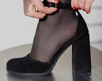 Sapatos Mary Jane de camurça preta | Sapatos de salto bloco vintage com tira em T para o escritório