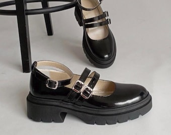 Handmade Leather Mary Jane Platform Flats: Chunky Sole Vintage Shoes