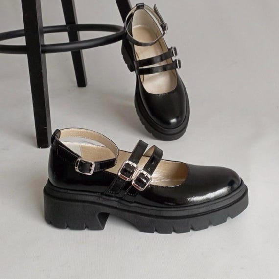 Handmade Leather Mary Jane Platform Flats: Chunky Sole Vintage Shoes