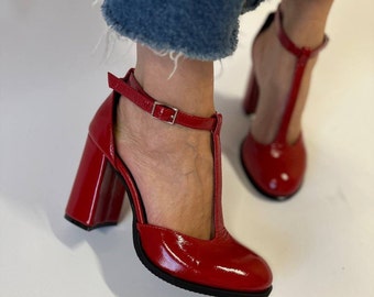 T-Strap High Heels, Retro Mary Jane Pumps, Handmade Red Leather Chunky High Heels, Elegant T-Bar Dress Shoes for Formal Occasion