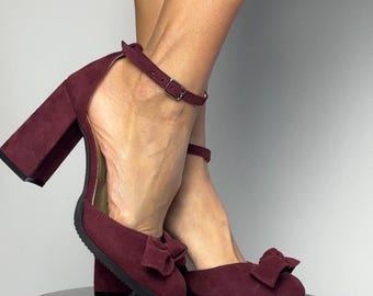 Berry Suede High Heel Pumps: Handmade Bow Stiletto Shoes