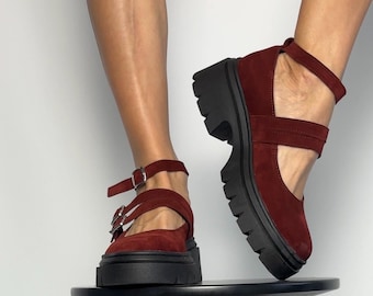 Red Suede Mary Jane Shoes: Chunky Platform, Vintage Leather Flats