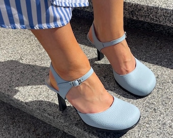 Minimalist Leather Slingback Heels, Handmade Round Toe Pumps, Ankle Strap Heels Women, Quiet Luxury Shoes