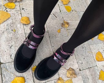 Black Suede Platform Mary Janes | Chunky Heel Leather Shoes