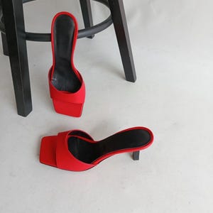 Red Heeled Mules, Square Toe Kitten Heels, Sexy Red Sandals, Elegant Party Shoes, Slip On Heels, Low Heel Mules for Women