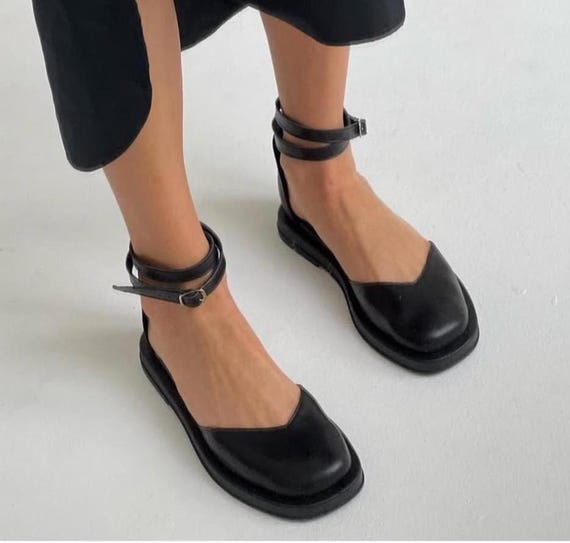 Handmade Black Leather Mary Jane Flats: Minimalist Ankle Strap Shoes