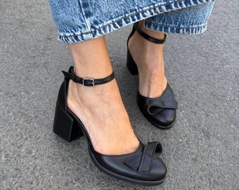 Handmade Leather Mary Jane Heels: Green Ankle Strap Wedding Shoes
