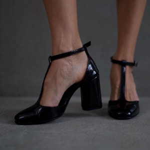 Schwarz Mary Jane T Strap High Heels Handgemachte Lederschuhe Damen Riemchen Heels Bequeme Kleid Schuhe Barfuß Sandalen Casual Heels High
