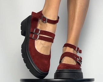 Red Suede Mary Jane Shoes: Handmade Leather Platform Flats