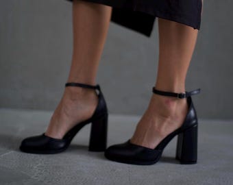 Black Leather Mary Jane Heels, Chic Formal Wedding Party Shoes