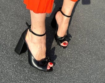 Black Heel Sandals,  Handmade Open Toe Block Heels, Ankle Strap Shoes, Elegant Comfortable Heels for Women