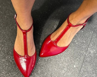 Red Leather Mary Jane Sandals: T-Strap Ankle Strap Flat Shoes