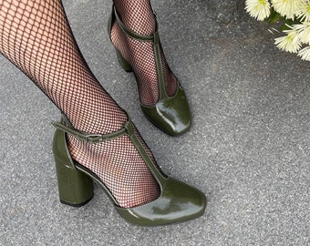 Black Mary Jane T Strap High Heels Handmade Leather Shoes Womens Strappy Heels Comfortable Dress Shoes Barefoot Sandals Casual Heels High