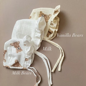 Ruffled Muslin Baby Bonnet girl, Teddy bear milk, vanilla, ruffle bonnet, toddler sunbonnet, little girl sun hat, 0-3 months