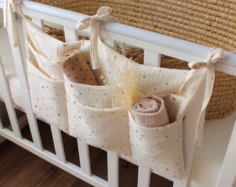 Natural muslin Crib Organizer, Baby Cot Pocket Organizer, Diapers Beige Organizer, Baby Nursery Storage, Hanging Pocket