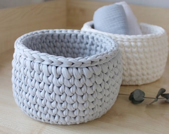 Round Handmade Storage Basket - Crochet Bathroom Basket - Multipurpose Storage for Towels, Cosmetics, set of 2 baskets