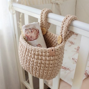 Crib hanging storage basket, crib pocket organizer, Baby bed basket, crochet storage basket, Hanging storage basket, Crib Cot organizer