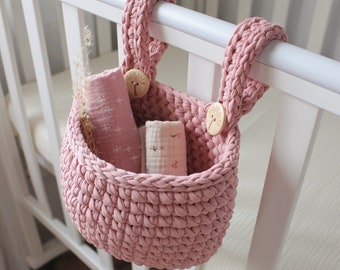 Crib hanging storage basket, Baby bed basket, Crib Cot organizer, crochet storage basket, crib pocket organizer, Hanging storage basket
