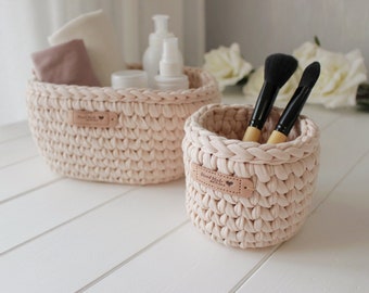 Handmade Storage Basket Set, Crochet Bathroom Basket, Multipurpose Storage for Towels, Cosmetics, and More