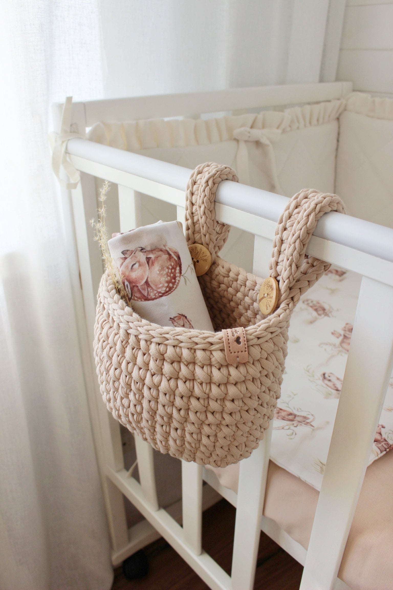 Crib hanging storage basket, crib pocket organizer, Baby bed basket,  crochet storage basket, Hanging storage basket, Crib Cot organizer