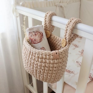 Crib Bedside Organizer for Baby Essentials, Hanging Crib Storage Basket, Diaper & Pacifier Holder, Nursery Organizer, New Mom Gift