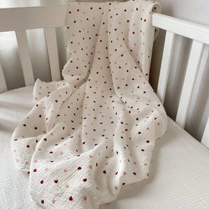 Muslin Swaddle Blanket for Baby Girl, 100% Cotton 2 layer Gauze Baby Blankets, Heart Printed Crinkled Muslin Fabric, Floral Baby Shower Gift