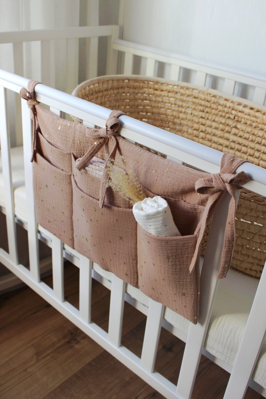 Baby Cot Organizer Bedside Natural Linen Pocket Diapers Etsy