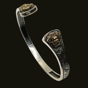 925 Solid Silver cuff Bracelet, Inlaid Gold medusa head detail, Gift for Him, Gift for Her, 19cm circumference , Adjustable Silver Bracelet