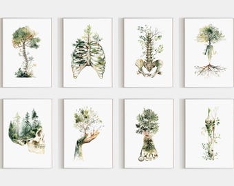 Botanical Anatomy Watercolor Set Of 8 Prints, Human Body Artwork, Spine Tree Poster, Physiotherapy Office Decor, Medical Clinic Decoration