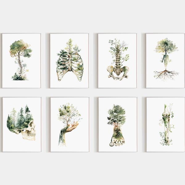 Botanical Anatomy Watercolor Set Of 8 Prints, Human Body Artwork, Spine Tree Poster, Physiotherapy Office Decor, Medical Clinic Decoration