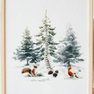 May include: Watercolor painting of a winter forest scene with snow-covered evergreen trees. A squirrel, a cardinal bird, and pine cones are in the foreground. The artwork is framed in a light wood frame.