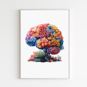 Cerebro acuarela arte impresión colorida neurología arte psicólogo regalo para neurólogo pared decoración cerebro pared arte imprimible neurocirugía arte