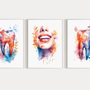 Conjunto de impresión de arte dental de 3 dentista 3 piezas arte de pared conjunto floral decoración de oficina dental, regalo de dentista para asistente dental, dientes con flores