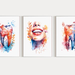 Dental Art Print Set Of 3 Dentist 3 Piece Wall Art Set Floral Dental Office Decor, Dentist Gift for Dental Assistant, Teeth With Flowers