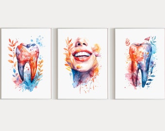 May include: Three watercolor paintings featuring a tooth with floral details, a close-up of a smiling mouth, and another tooth with floral details.