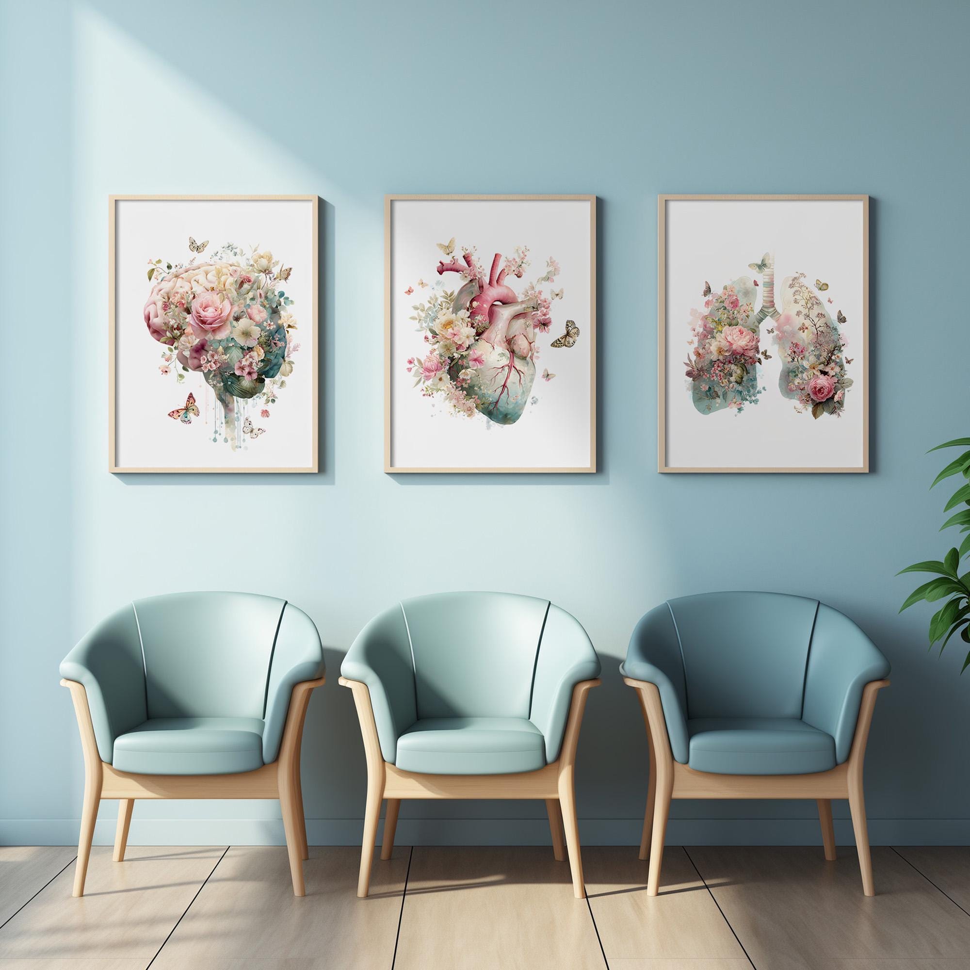 Floral Anatomy Wall Art Prints Set of 3, Watercolor Brain, Heart, Lungs ...