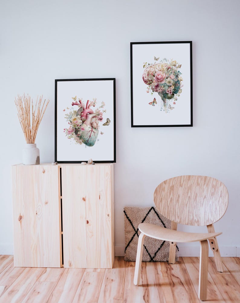 Floral Anatomy Wall Art Prints Set of 3, Watercolor Brain, Heart, Lungs ...