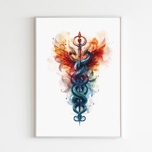 Floral Caduceus Wall Art Printable, Medical Watercolor Print, Rod Of Asclepius Artwork Two Snakes And Wings Health Care Clinic Office Decor
