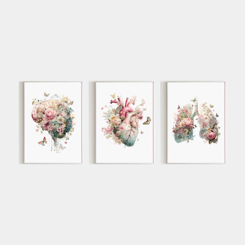Floral Anatomy Wall Art Prints Set of 3, Watercolor Brain, Heart, Lungs ...