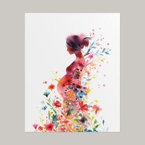 Pintura de acuarela de embarazo, impresión de arte mural de mujer embarazada, póster de regalo de partera para doula, regalos para enfermeras neonatales, decoración de ginecología