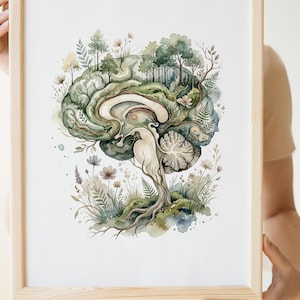 May include: Watercolor print of a brain with a forest growing on top. The artwork features a light green brain shape with trees, plants, and flowers. The print is in a light wooden frame.