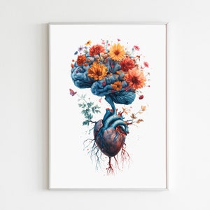 Impresión de arte de acuarela de corazón y cerebro, impresión anatómica del corazón del cerebro, decoración de la pared médica de psicología, regalo para psicólogo