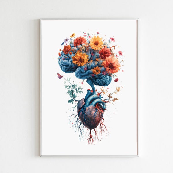 Impression d’art aquarelle du cœur et du cerveau, impression anatomique du cœur du cerveau, décoration murale médicale en psychologie, cadeau pour psychologue