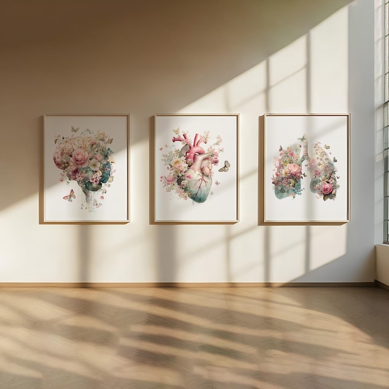 Floral Anatomy Wall Art Prints Set of 3, Watercolor Brain, Heart, Lungs ...